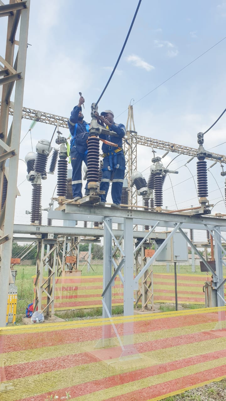 Substation site with gantries and overhead lines